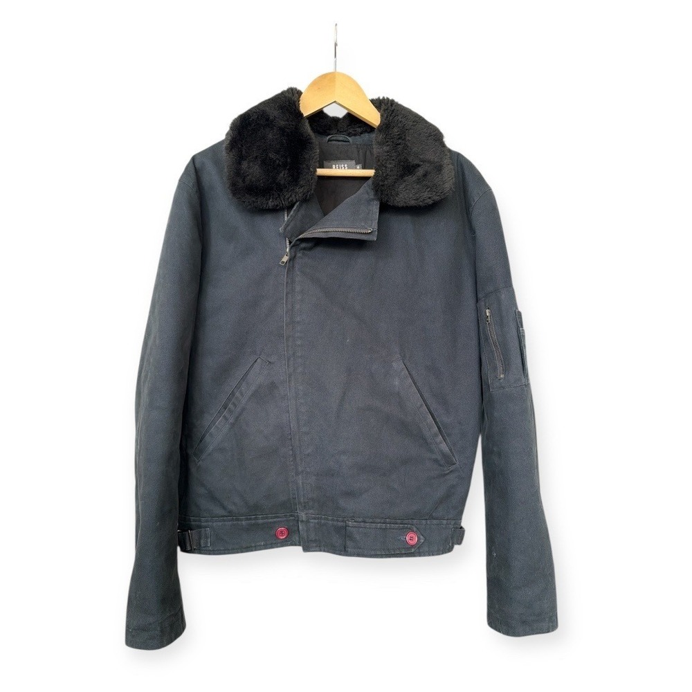 Men's Reiss London Black Cotton Aviator Jacket M‎ Faux Fur Collar Moto